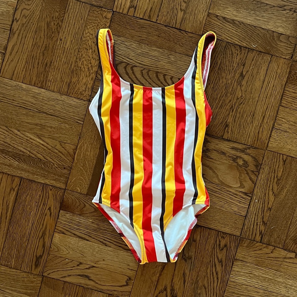 SOLID & STRIPED Striped One-Piece Swimsuit in Red, Yellow & White